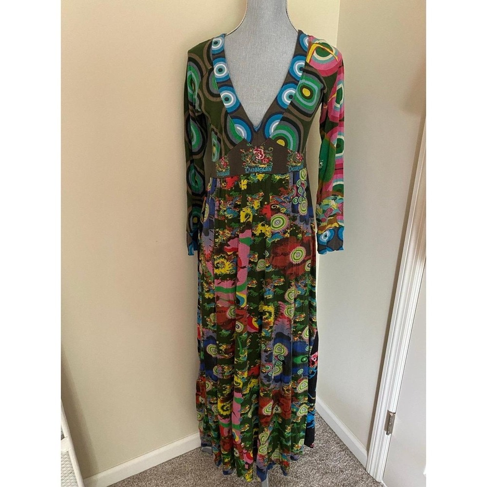Desigual Women's Maxi Dress Long Sleeve V-Neck Colorful Small Babydoll s1